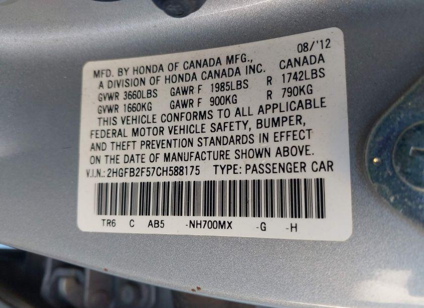 Photo 9 of 2012 Honda Civic LX (VIN 2HGFB2F57CH588175)