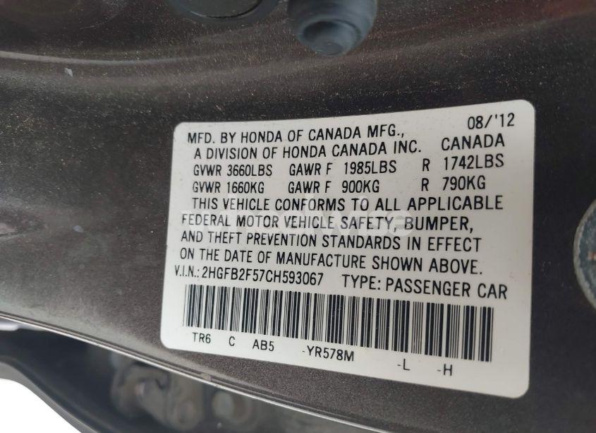 Photo 9 of 2012 Honda Civic LX (VIN 2HGFB2F57CH593067)