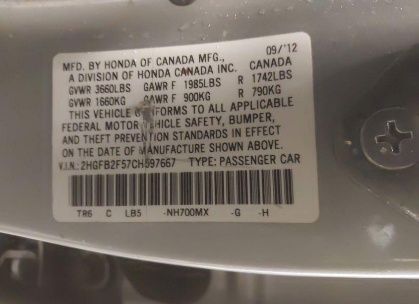 Photo 9 of 2012 Honda Civic SDN LX (VIN 2HGFB2F57CH597667)