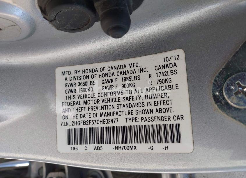 Photo 9 of 2012 Honda Civic LX (VIN 2HGFB2F57CH602477)