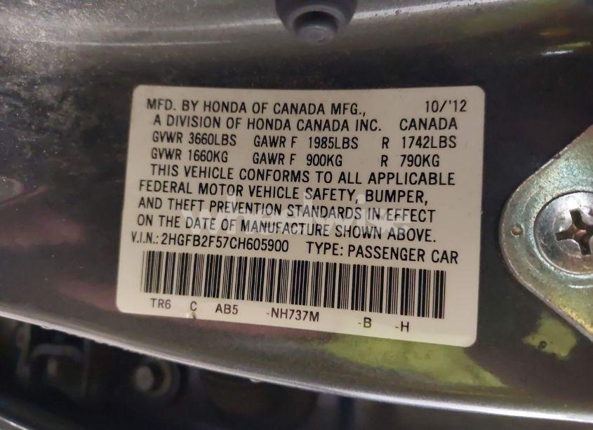 Photo 9 of 2012 Honda Civic LX (VIN 2HGFB2F57CH605900)