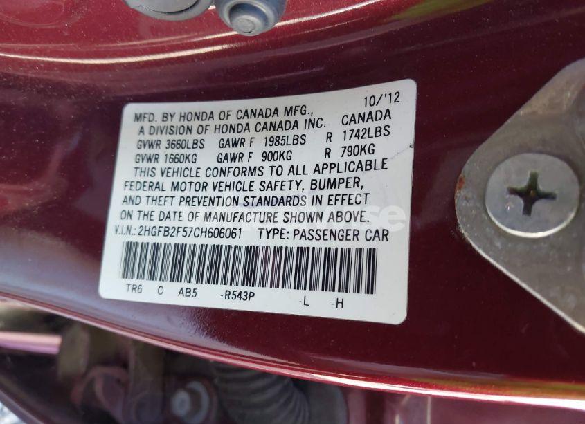 Photo 9 of 2012 Honda Civic LX (VIN 2HGFB2F57CH606061)