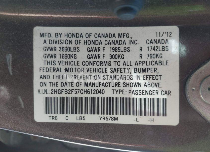 Photo 9 of 2012 Honda Civic LX (VIN 2HGFB2F57CH612040)