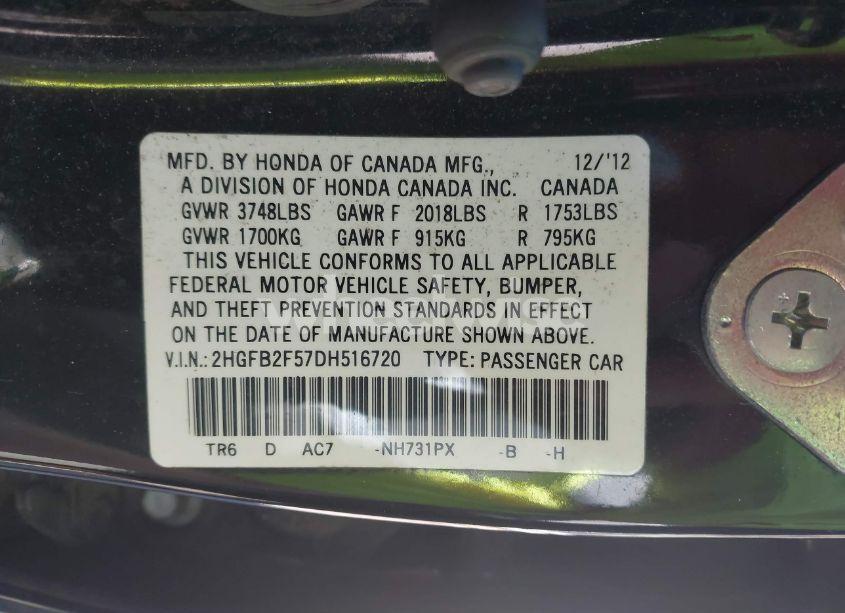 Photo 9 of 2013 Honda Civic LX (VIN 2HGFB2F57DH516720)