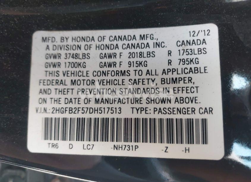 Photo 9 of 2013 Honda Civic LX (VIN 2HGFB2F57DH517513)