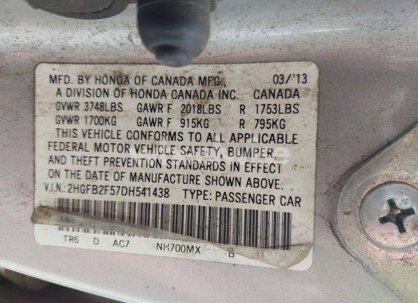 Photo 9 of 2013 Honda Civic LX (VIN 2HGFB2F57DH541438)