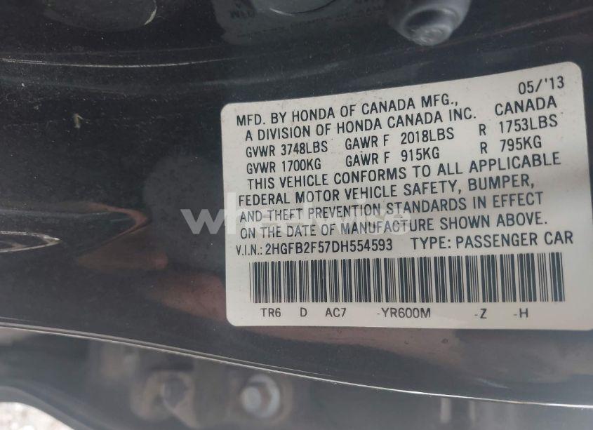 Photo 9 of 2013 Honda Civic LX (VIN 2HGFB2F57DH554593)