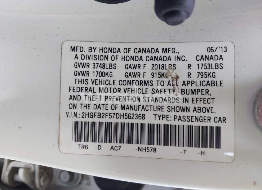 Photo 9 of 2013 Honda Civic LX (VIN 2HGFB2F57DH562368)