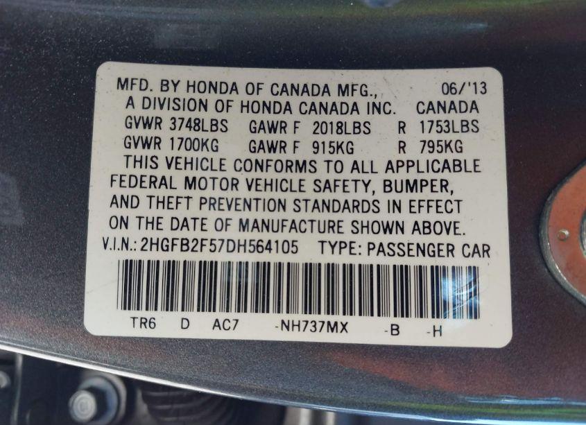 Photo 9 of 2013 Honda Civic LX (VIN 2HGFB2F57DH564105)