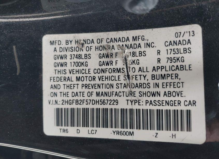 Photo 9 of 2013 Honda Civic LX (VIN 2HGFB2F57DH567229)