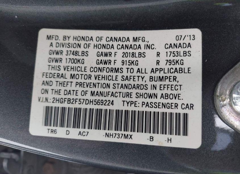 Photo 9 of 2013 Honda Civic LX (VIN 2HGFB2F57DH569224)