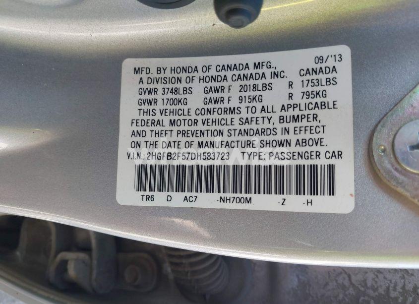 Photo 9 of 2013 Honda Civic LX (VIN 2HGFB2F57DH583723)