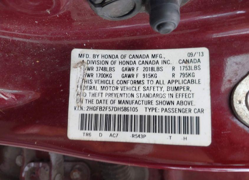 Photo 9 of 2013 Honda Civic LX (VIN 2HGFB2F57DH586105)