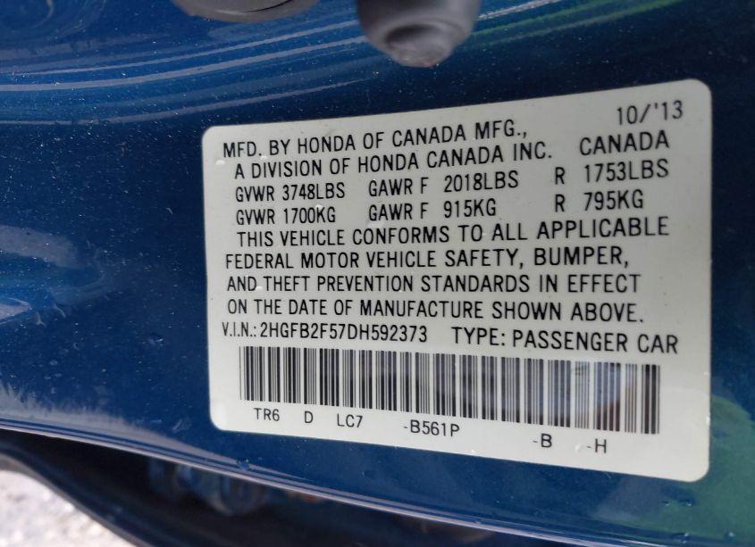 Photo 9 of 2013 Honda Civic LX (VIN 2HGFB2F57DH592373)