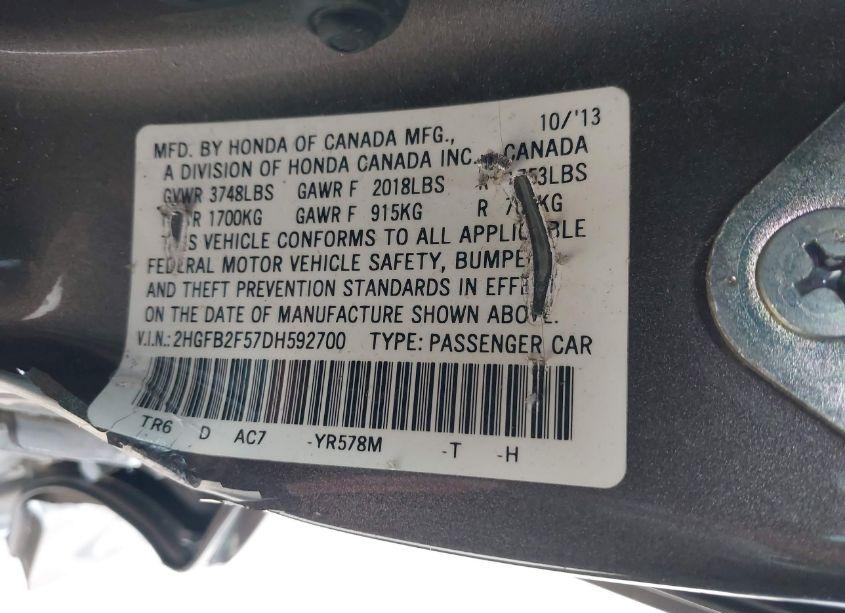 Photo 9 of 2013 Honda Civic LX (VIN 2HGFB2F57DH592700)