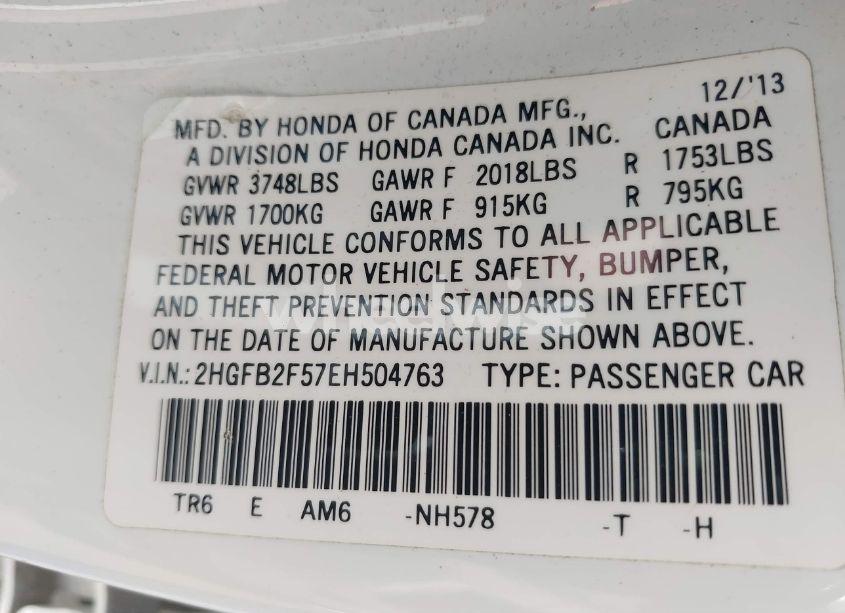 Photo 9 of 2014 Honda Civic LX (VIN 2HGFB2F57EH504763)