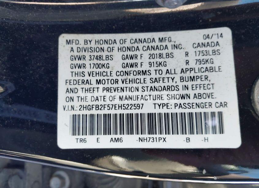 Photo 9 of 2014 Honda Civic LX (VIN 2HGFB2F57EH522597)