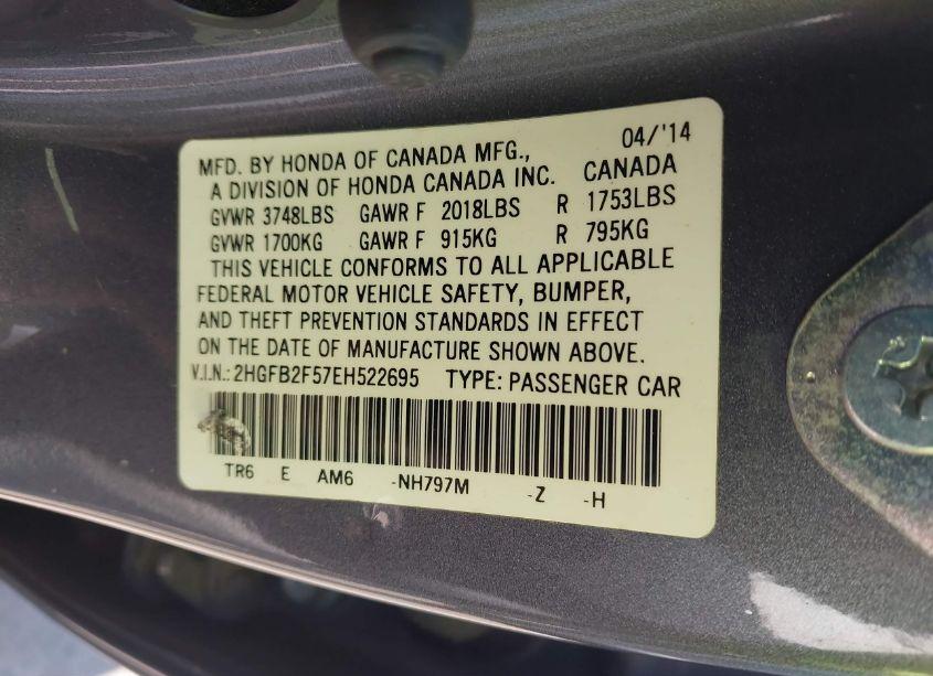 Photo 9 of 2014 Honda Civic LX (VIN 2HGFB2F57EH522695)