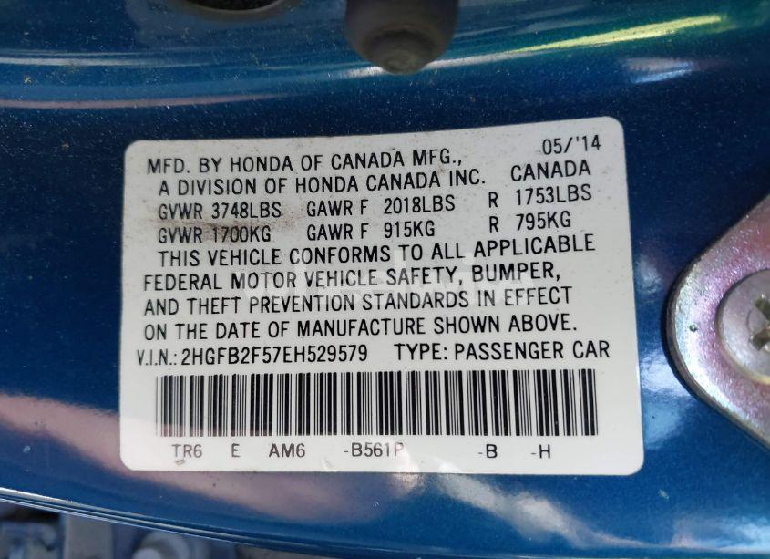 Photo 9 of 2014 Honda Civic LX (VIN 2HGFB2F57EH529579)