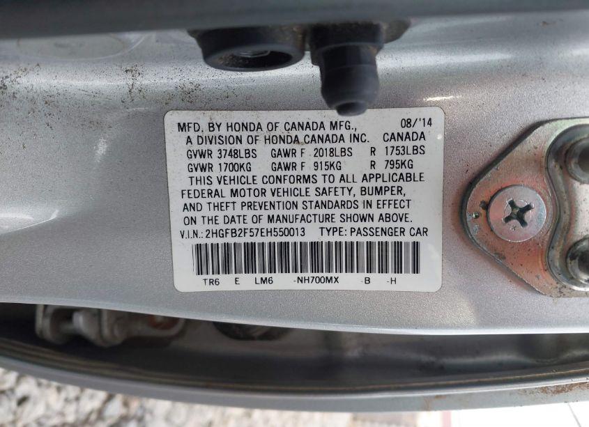 Photo 9 of 2014 Honda Civic LX (VIN 2HGFB2F57EH550013)