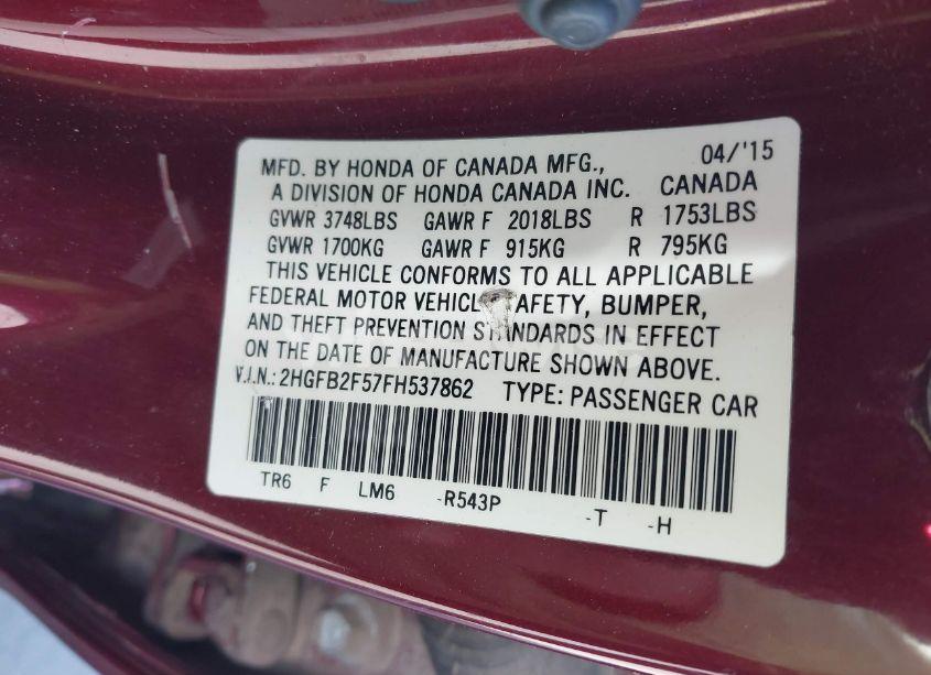 Photo 9 of 2015 Honda Civic LX (VIN 2HGFB2F57FH537862)