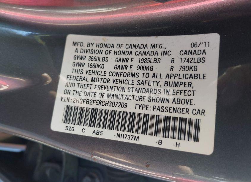 Photo 9 of 2012 Honda Civic LX (VIN 2HGFB2F58CH307209)