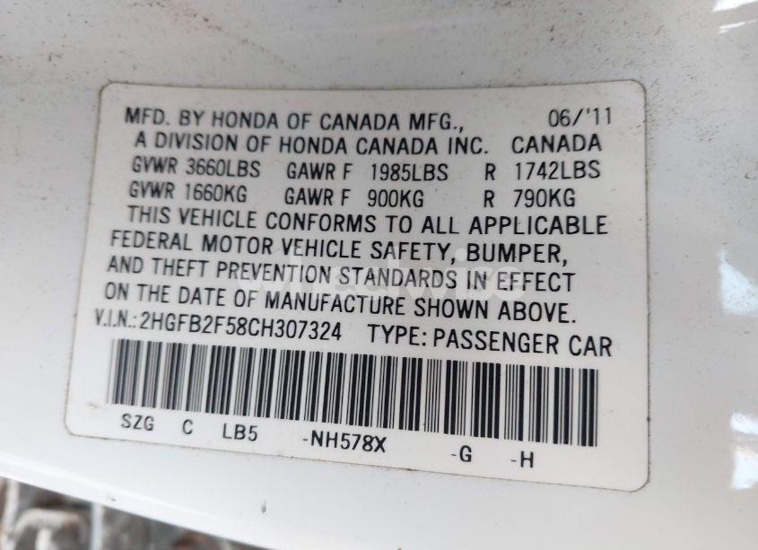 Photo 9 of 2012 Honda Civic SDN LX (VIN 2HGFB2F58CH307324)