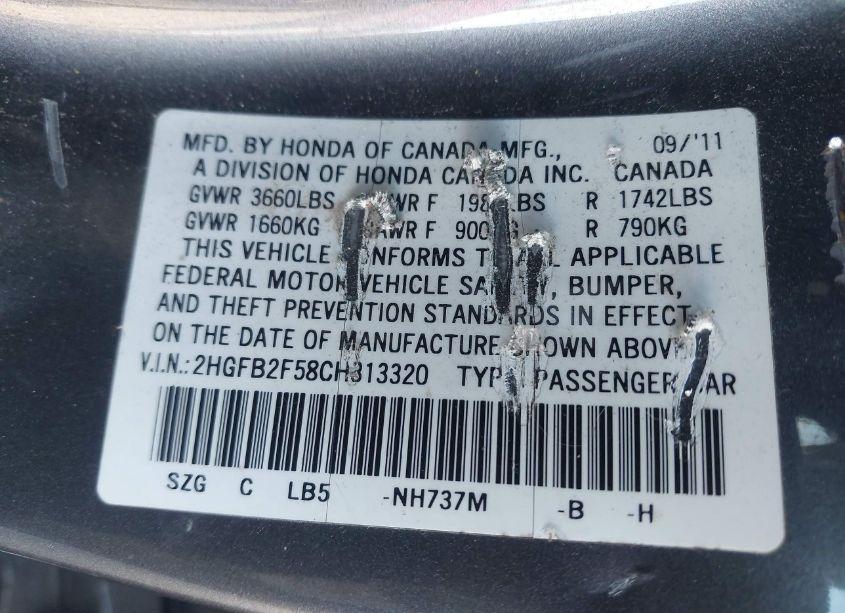 Photo 9 of 2012 Honda Civic SDN LX (VIN 2HGFB2F58CH313320)