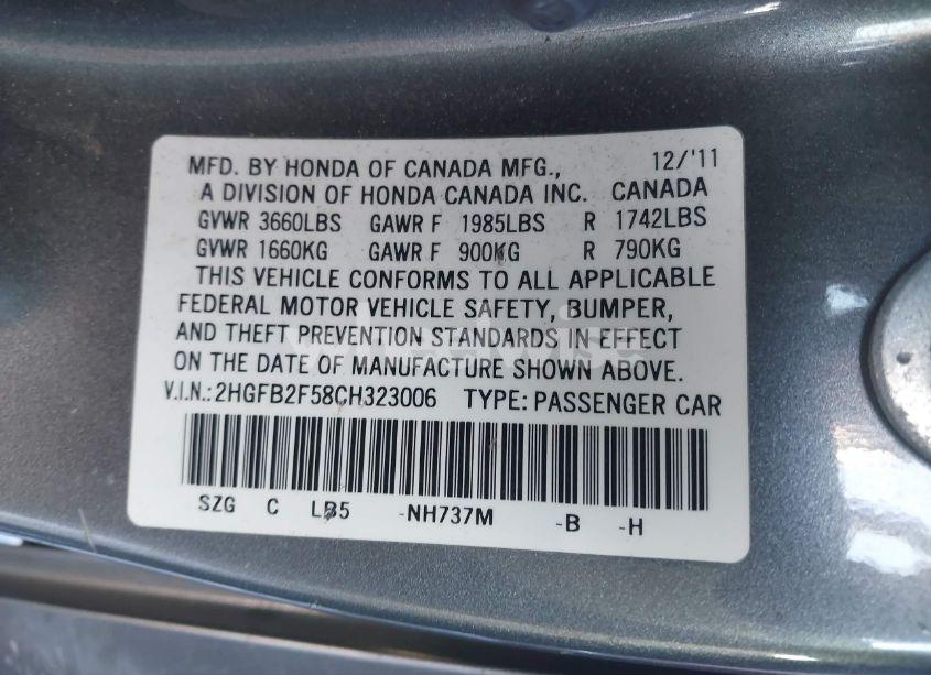 Photo 9 of 2012 Honda Civic SDN LX (VIN 2HGFB2F58CH323006)