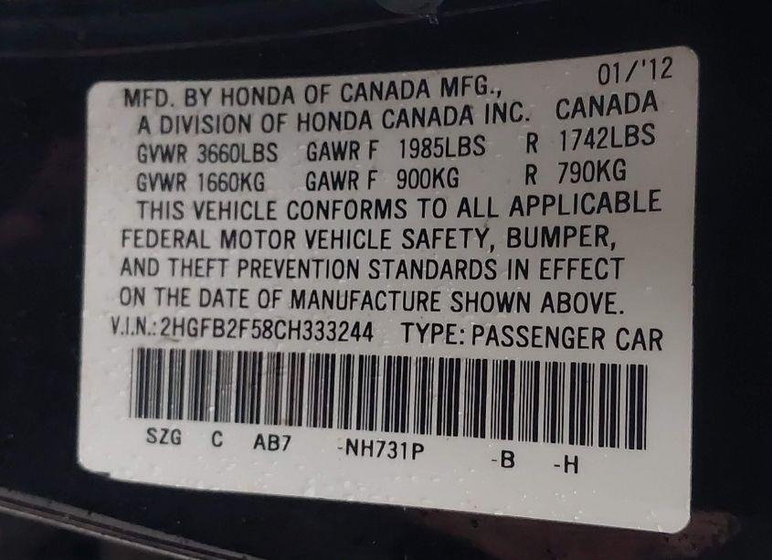 Photo 9 of 2012 Honda Civic LX (VIN 2HGFB2F58CH333244)