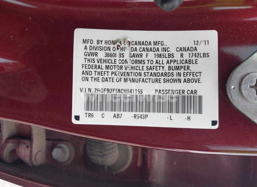 Photo 9 of 2012 Honda Civic LX (VIN 2HGFB2F58CH541155)