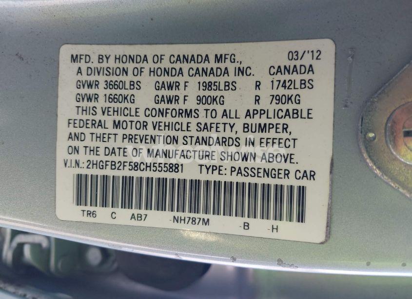 Photo 9 of 2012 Honda Civic SDN LX (VIN 2HGFB2F58CH555881)