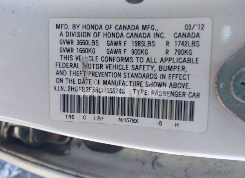 Photo 9 of 2012 Honda Civic LX (VIN 2HGFB2F58CH558246)