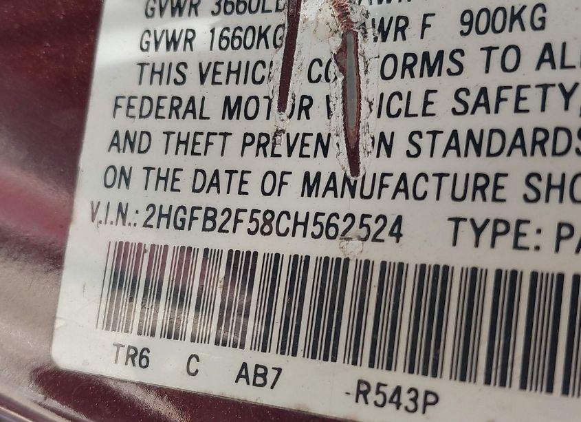 Photo 9 of 2012 Honda Civic LX (VIN 2HGFB2F58CH562524)