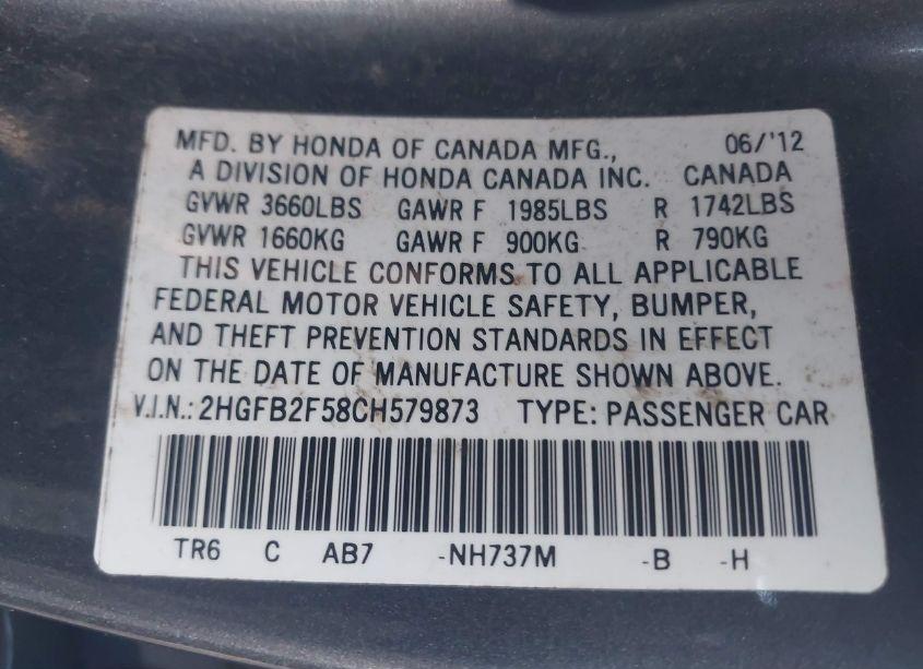 Photo 9 of 2012 Honda Civic SDN LX (VIN 2HGFB2F58CH579873)