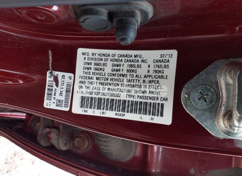 Photo 9 of 2012 Honda Civic SDN LX (VIN 2HGFB2F58CH585382)