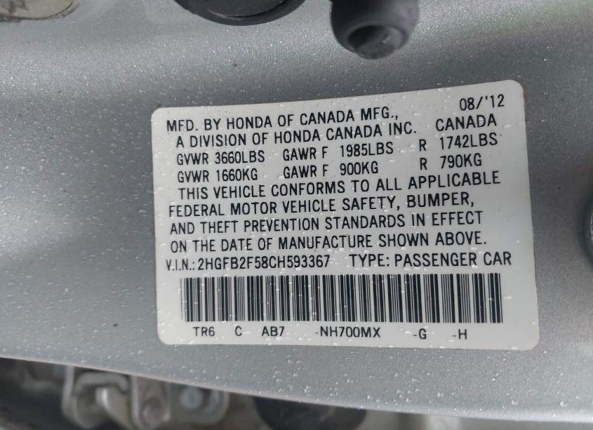 Photo 9 of 2012 Honda Civic LX (VIN 2HGFB2F58CH593367)
