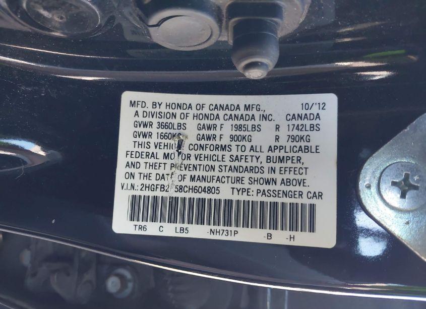 Photo 9 of 2012 Honda Civic LX (VIN 2HGFB2F58CH604805)