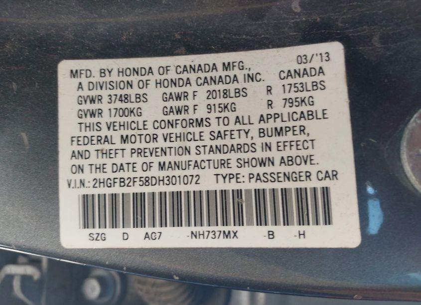 Photo 9 of 2013 Honda Civic LX (VIN 2HGFB2F58DH301072)