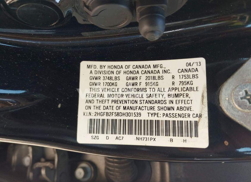 Photo 9 of 2013 Honda Civic LX (VIN 2HGFB2F58DH301539)