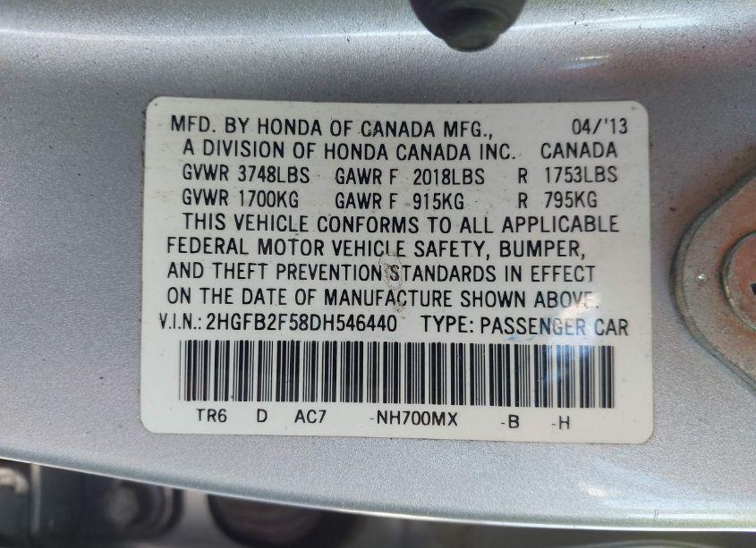 Photo 9 of 2013 Honda Civic LX (VIN 2HGFB2F58DH546440)