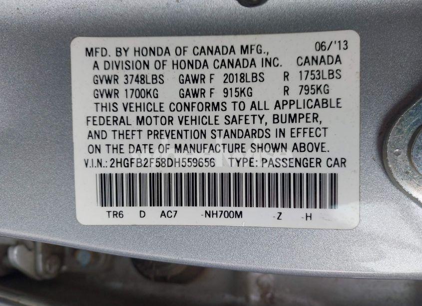 Photo 9 of 2013 Honda Civic LX (VIN 2HGFB2F58DH559656)