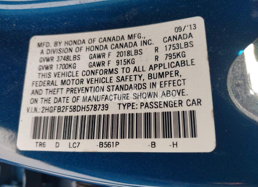 Photo 9 of 2013 Honda Civic LX (VIN 2HGFB2F58DH578739)