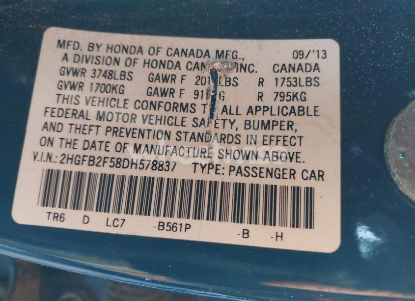 Photo 9 of 2013 Honda Civic LX (VIN 2HGFB2F58DH578837)