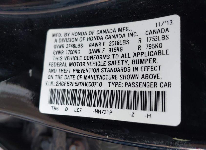 Photo 9 of 2013 Honda Civic LX (VIN 2HGFB2F58DH600710)