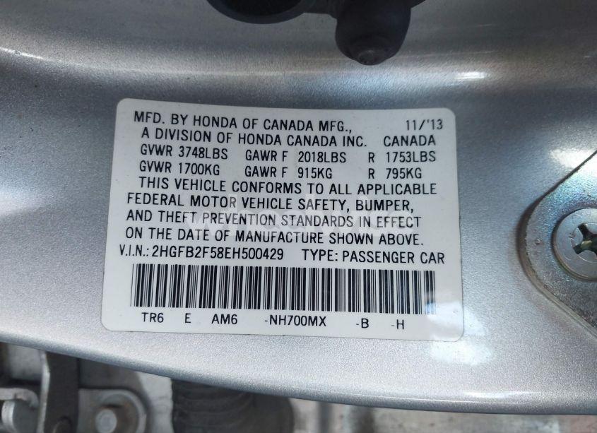 Photo 9 of 2014 Honda Civic LX (VIN 2HGFB2F58EH500429)