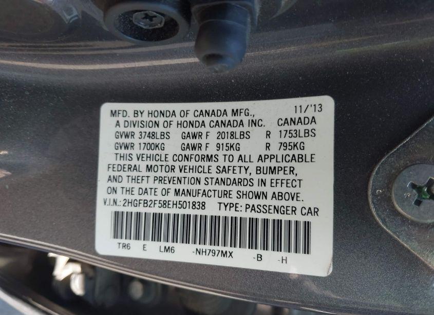 Photo 9 of 2014 Honda Civic LX (VIN 2HGFB2F58EH501838)