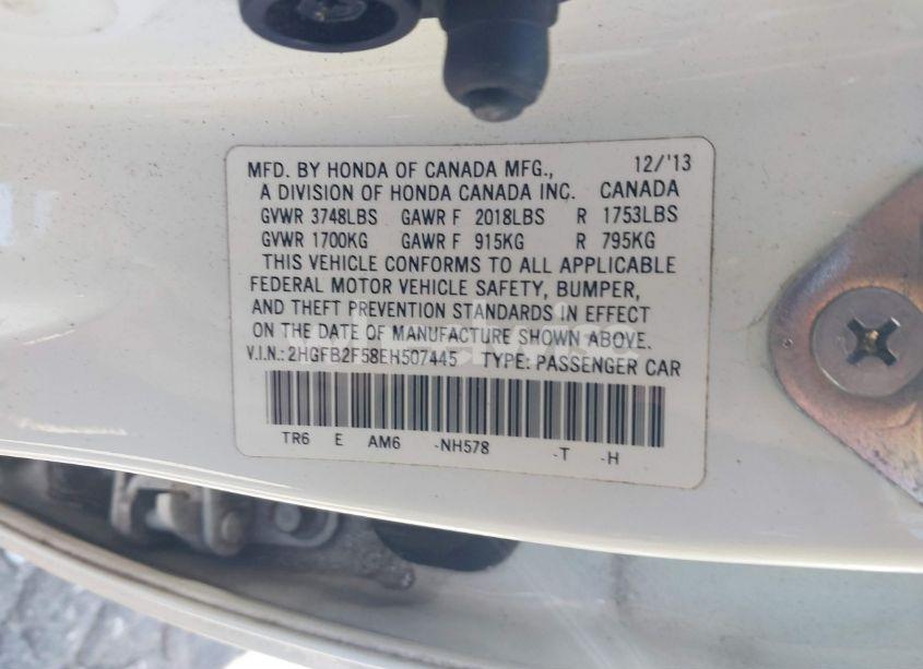 Photo 9 of 2014 Honda Civic LX (VIN 2HGFB2F58EH507445)