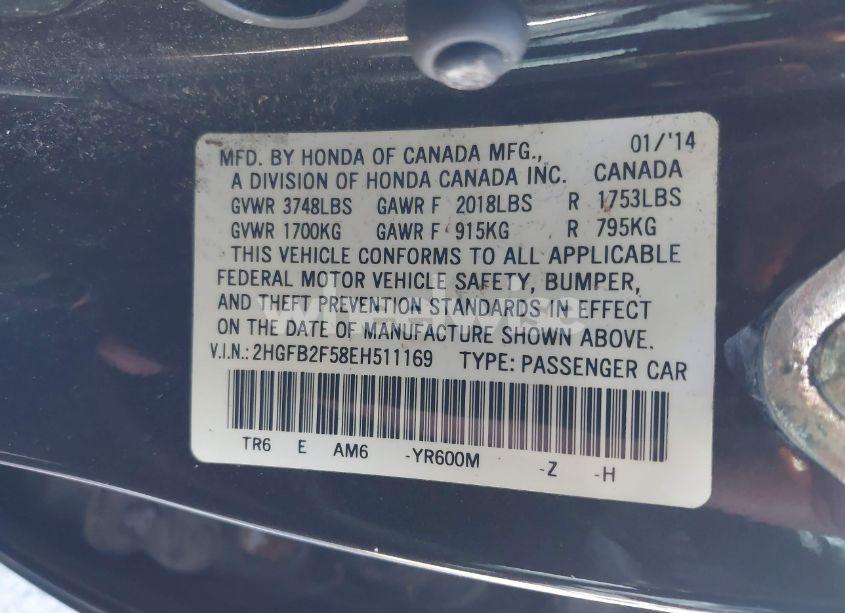 Photo 9 of 2014 Honda Civic LX (VIN 2HGFB2F58EH511169)