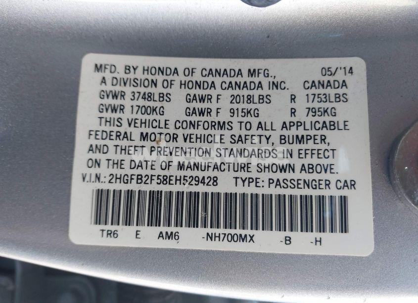 Photo 9 of 2014 Honda Civic LX (VIN 2HGFB2F58EH529428)